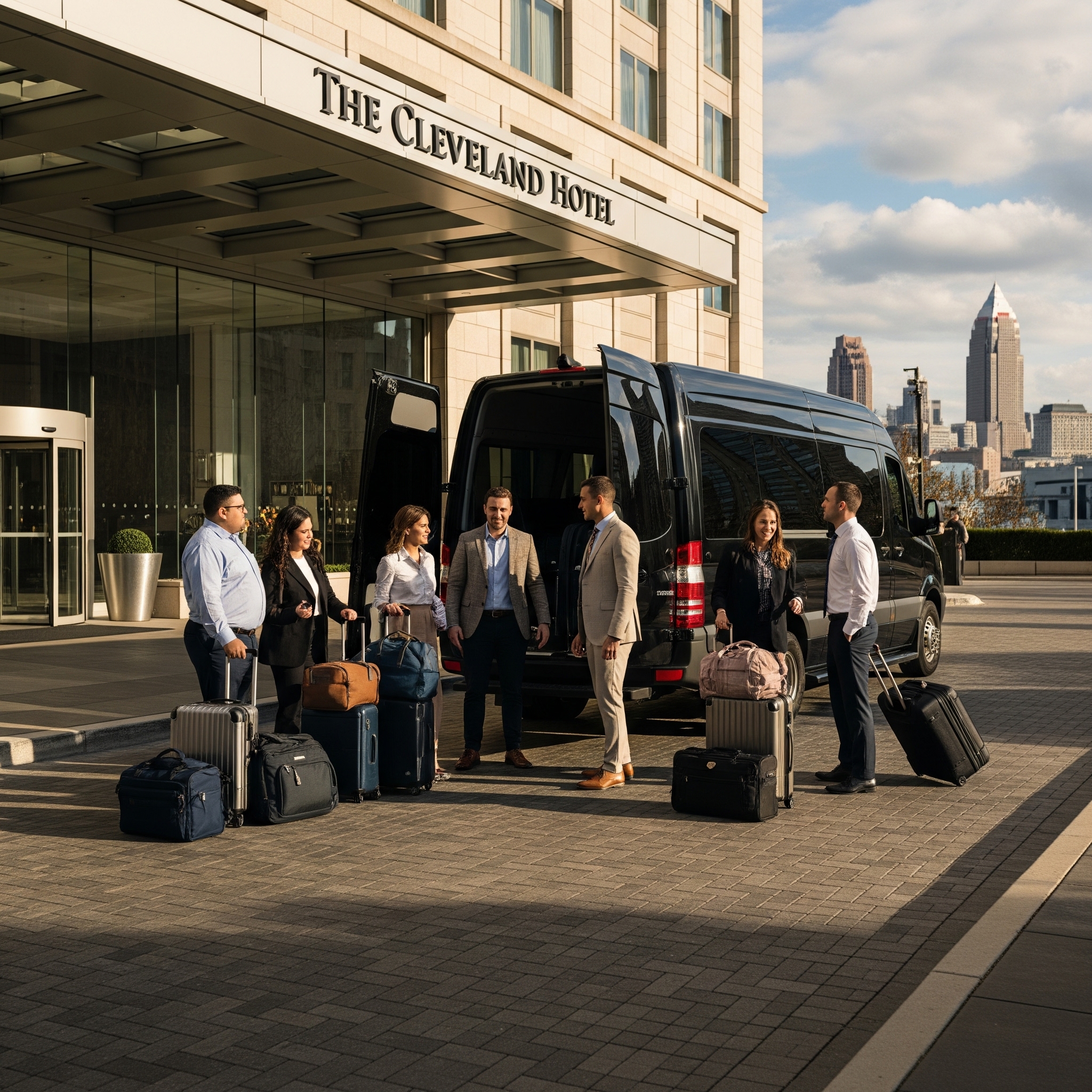 Chauffeur assisting group into Cleveland sprinter shuttle outside hotel