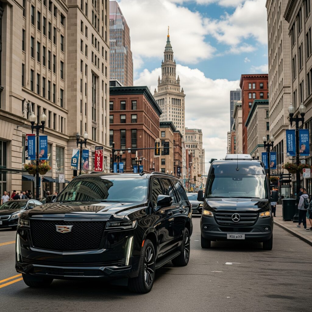 Cleveland corporate limo parked outside financial district