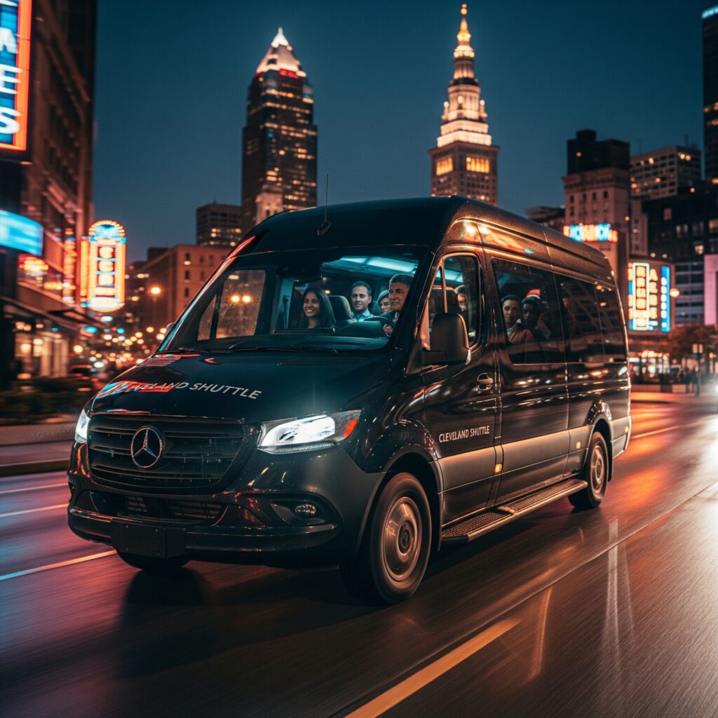 Cleveland sprinter shuttle parked at downtown hotel