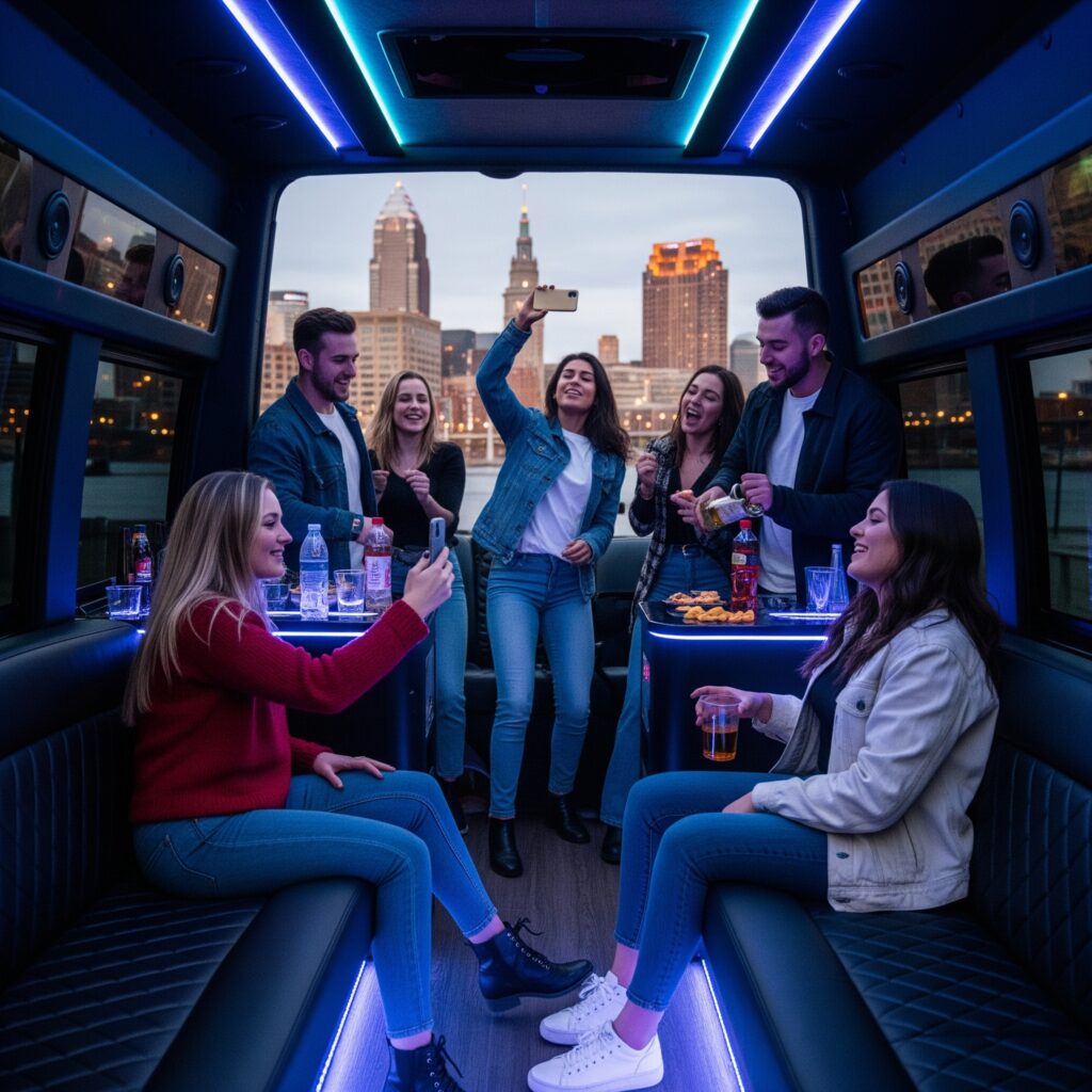 Interior of Cleveland party bus with LED lighting