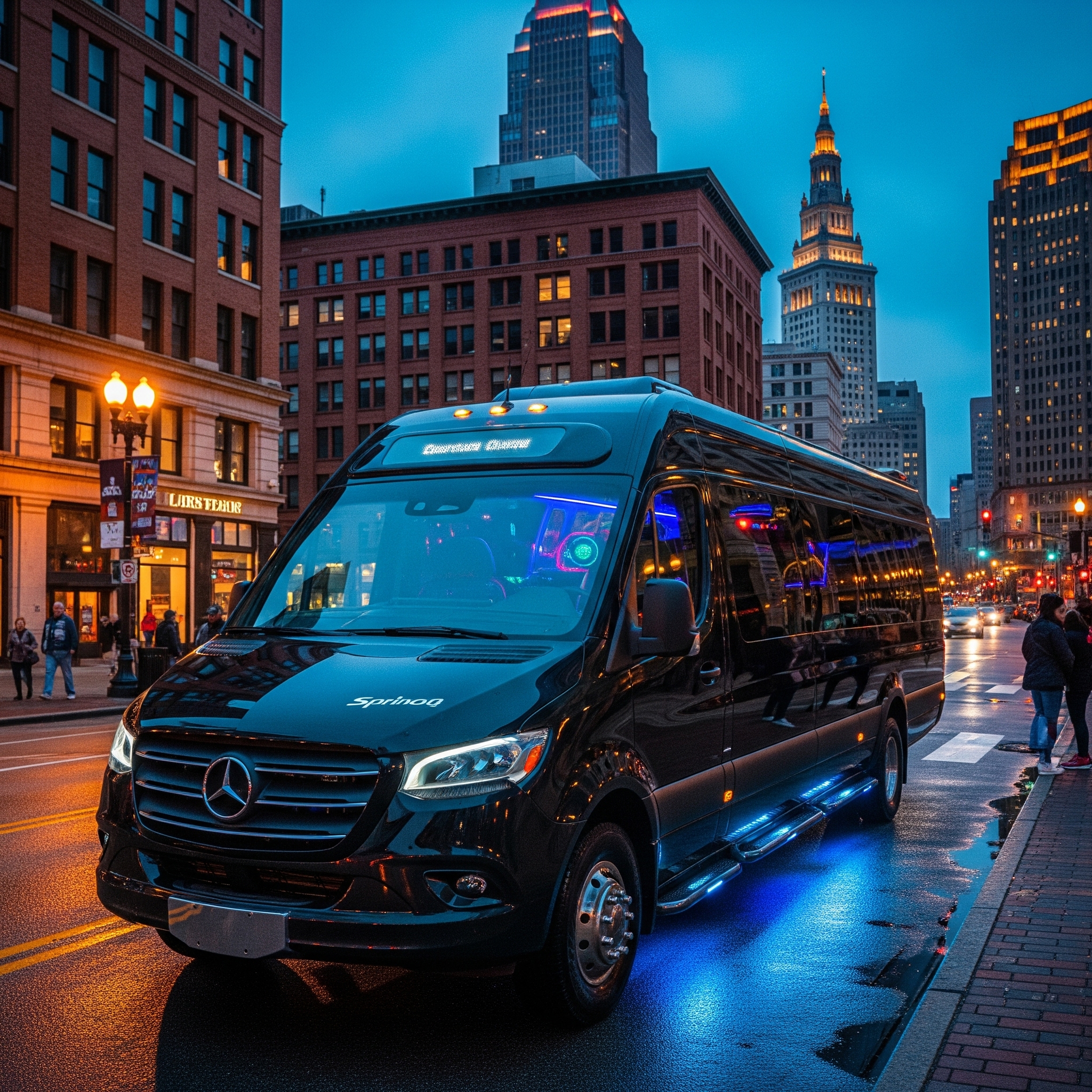 Luxury party bus interior with LED lighting Cleveland