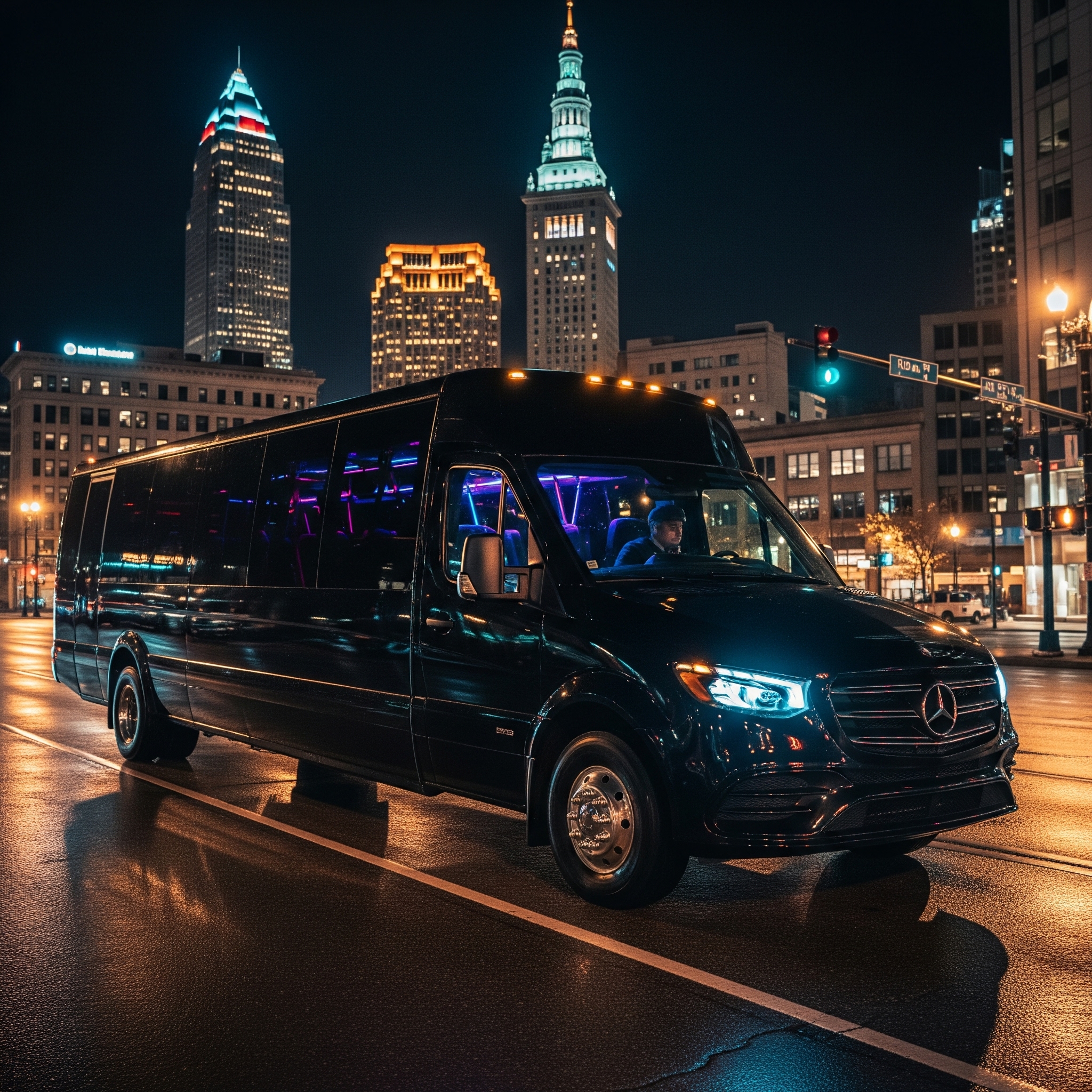 Party bus rental Cleveland with wraparound leather seating